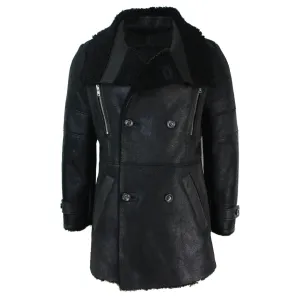 Men's Black 3/4 Military Sherling Sheepskin Batman Bane Double Breasted