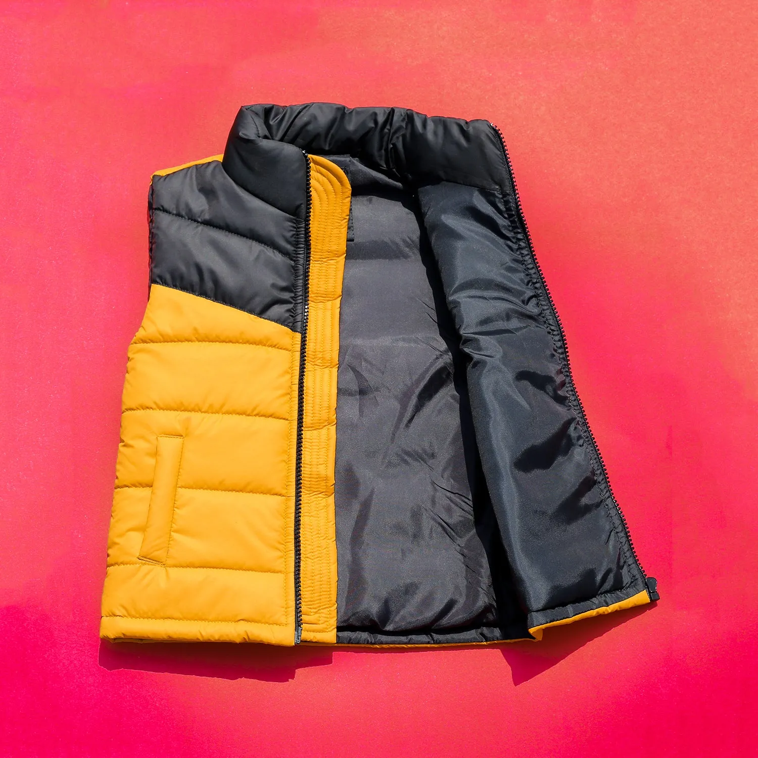 Mustard Black Sleeveless Puffer Jacket