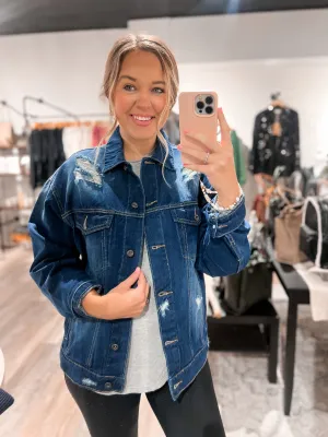 Oversized Distress Dark Wash Denim Jacket