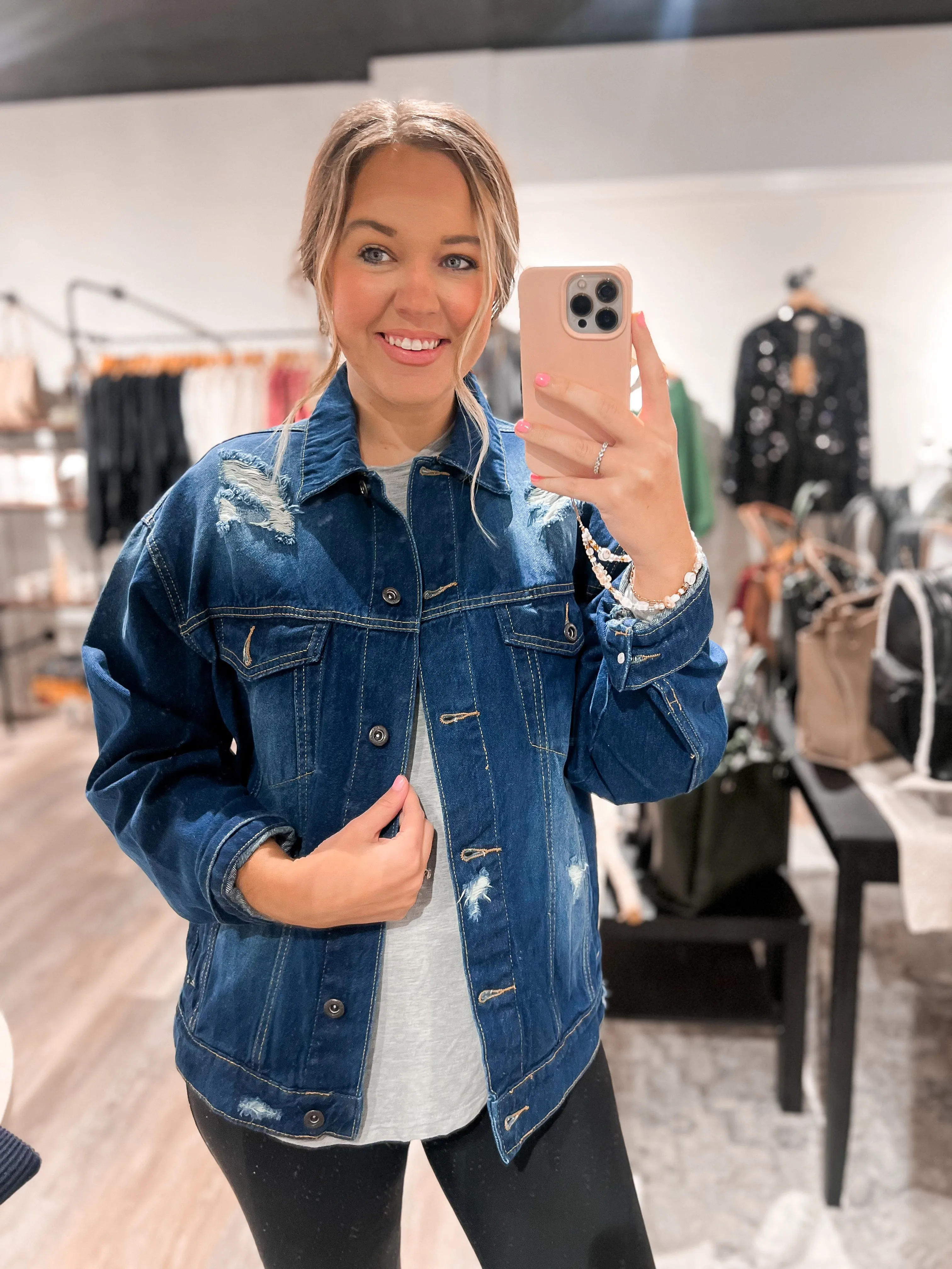 Oversized Distress Dark Wash Denim Jacket