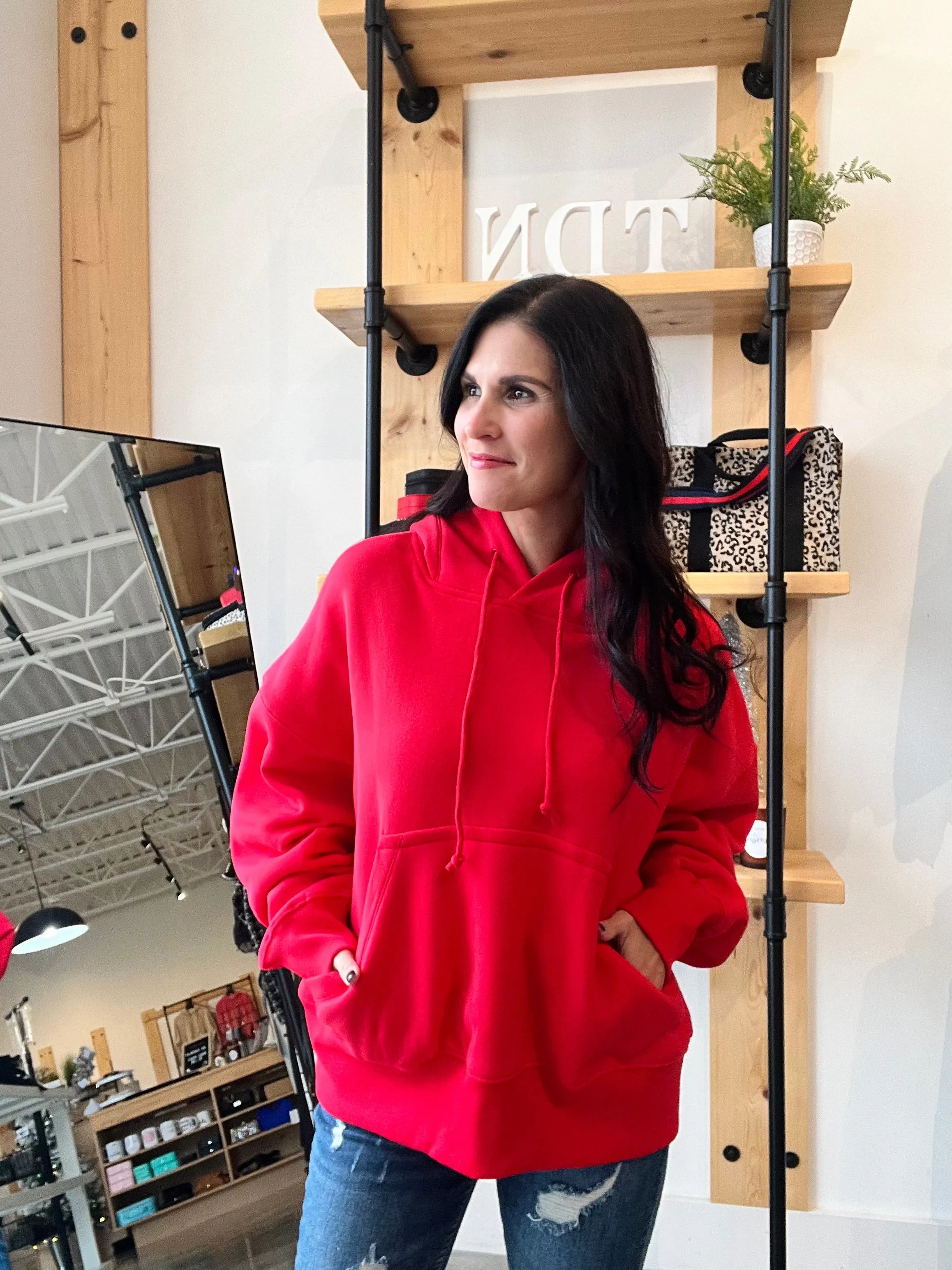 Oversized Fleece Kangaroo Pocket Hoodie - Red