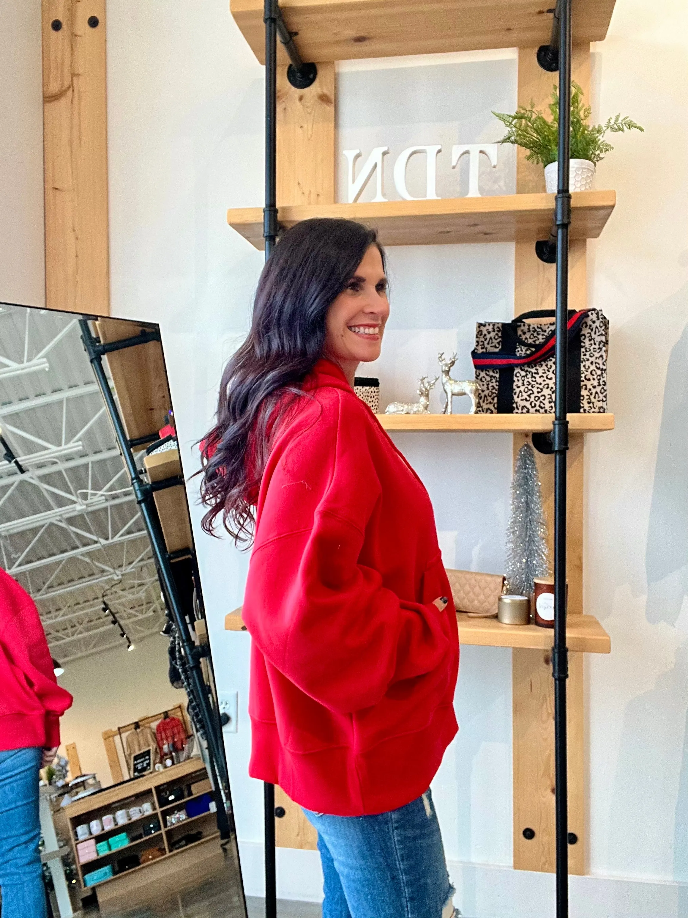 Oversized Fleece Kangaroo Pocket Hoodie - Red