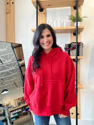 Oversized Fleece Kangaroo Pocket Hoodie - Red