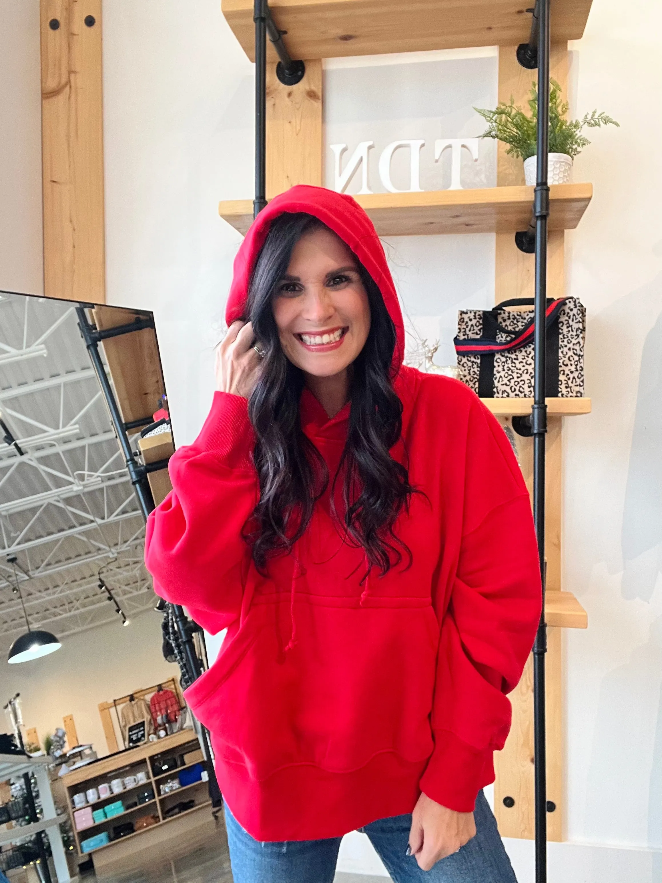 Oversized Fleece Kangaroo Pocket Hoodie - Red
