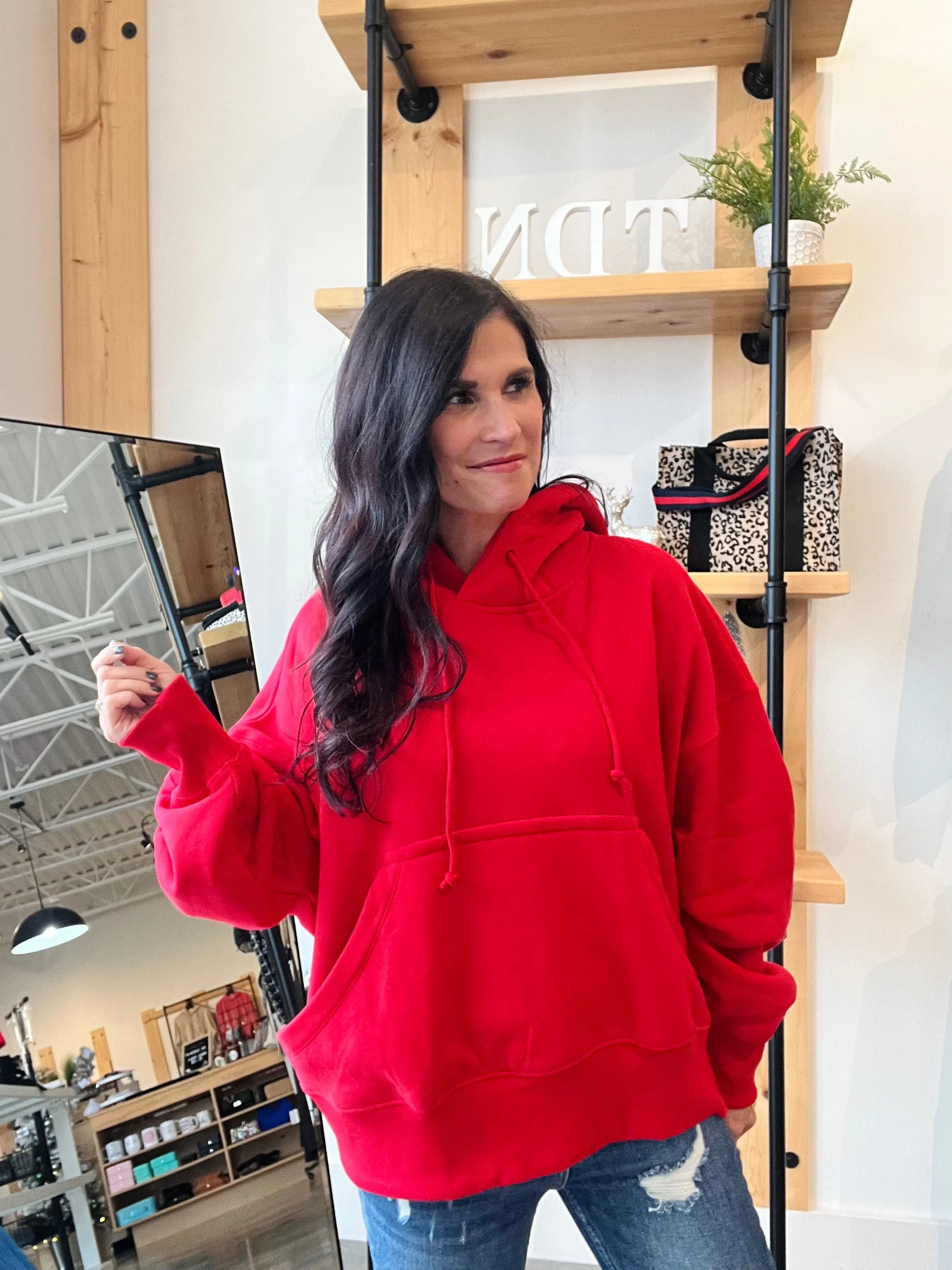 Oversized Fleece Kangaroo Pocket Hoodie - Red