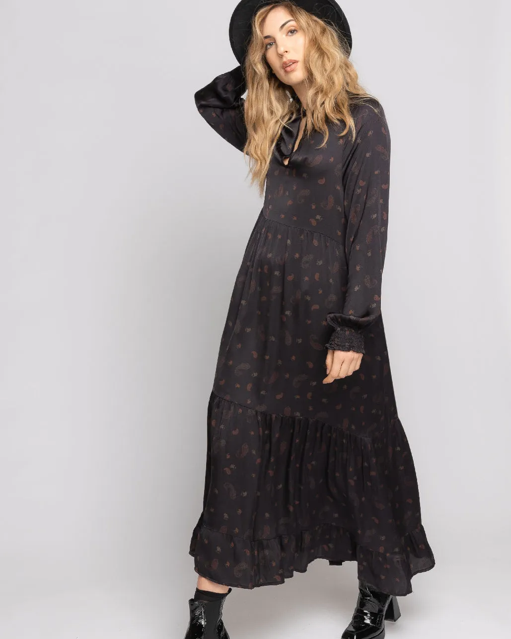 Paisley Ruffled Turtleneck Maxi Dress
