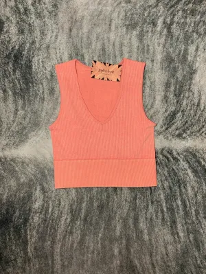 Peach Pink V Neck Washed Crop Tank