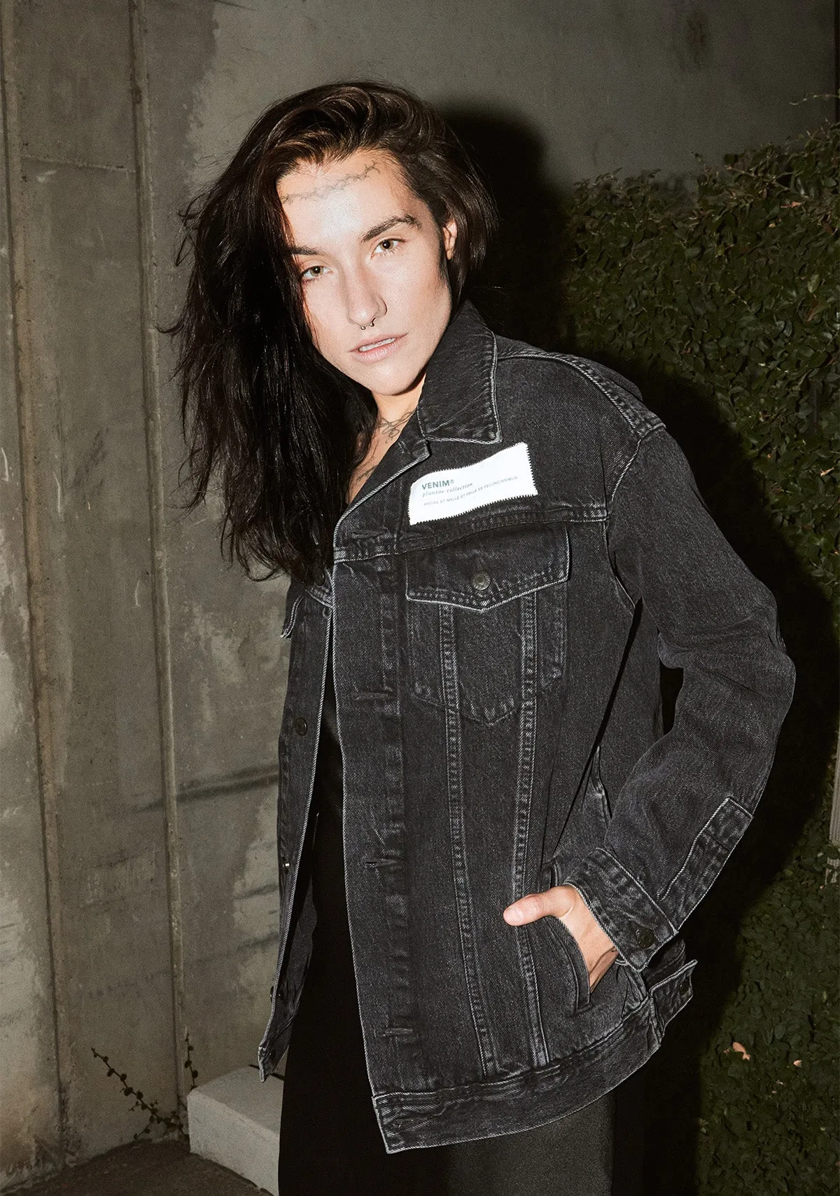 Plantae Ficus Pumila Longer Washed Black Denim Jacket
