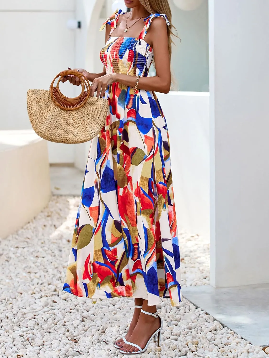 PRETTYGARDEN Womens Summer Dresses Floral Sleeveless Smocked Maxi Dress Boho Spaghetti Strap A Line Flowy Beach Long Sundress