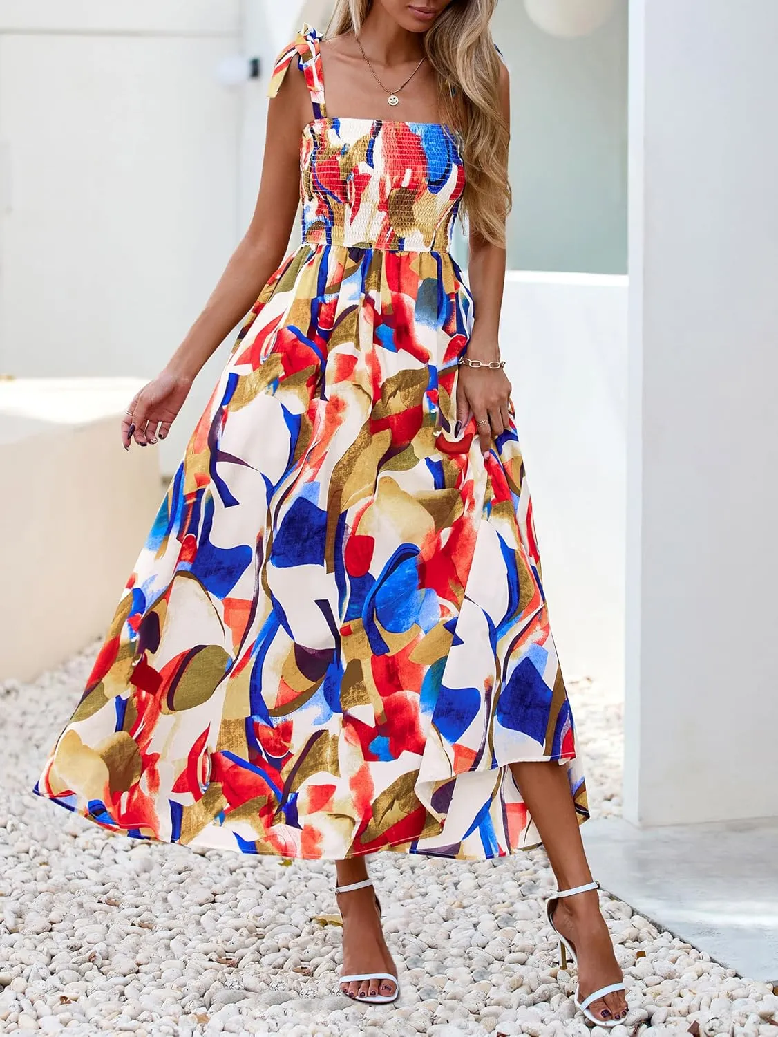 PRETTYGARDEN Womens Summer Dresses Floral Sleeveless Smocked Maxi Dress Boho Spaghetti Strap A Line Flowy Beach Long Sundress