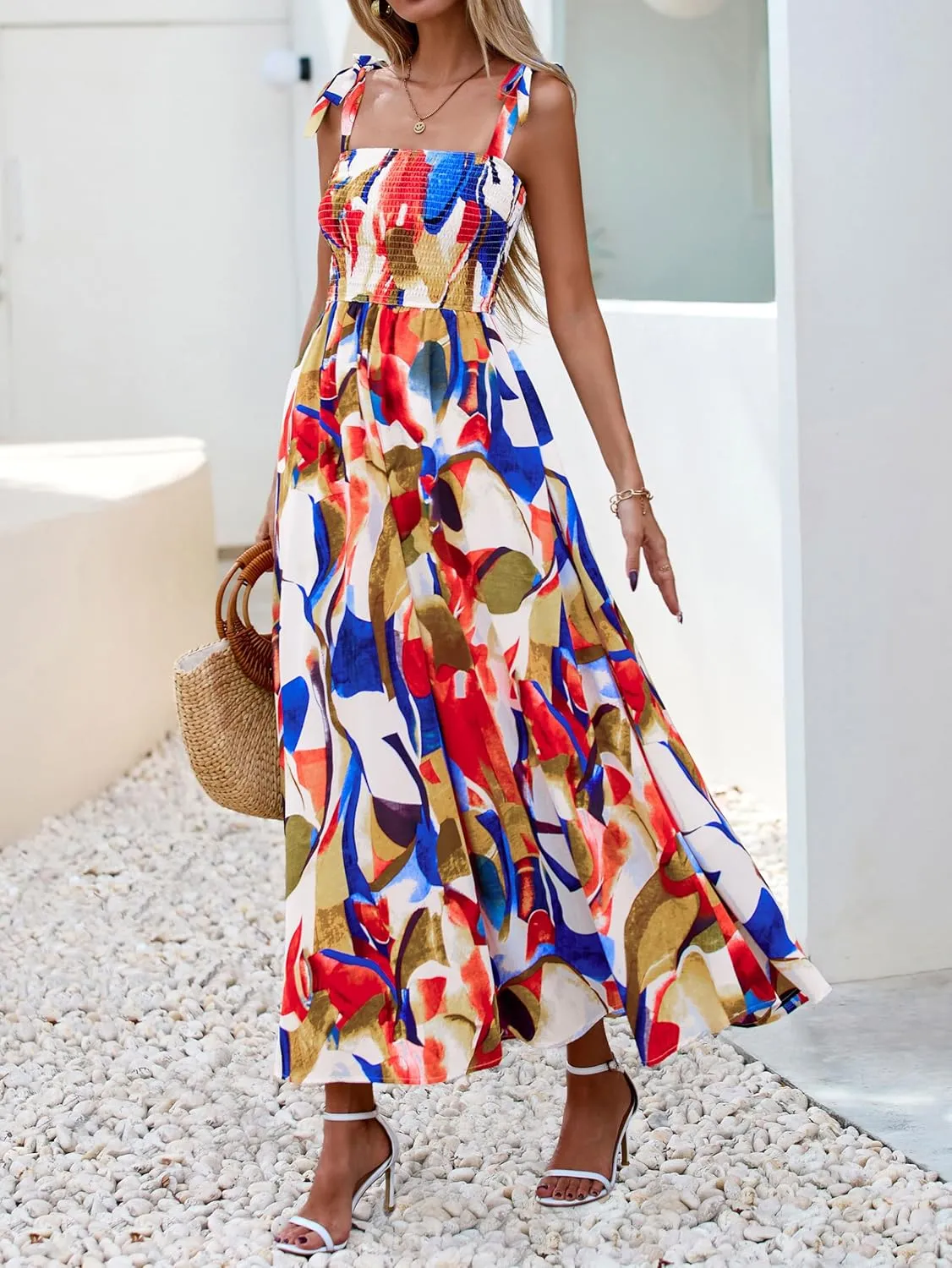 PRETTYGARDEN Womens Summer Dresses Floral Sleeveless Smocked Maxi Dress Boho Spaghetti Strap A Line Flowy Beach Long Sundress