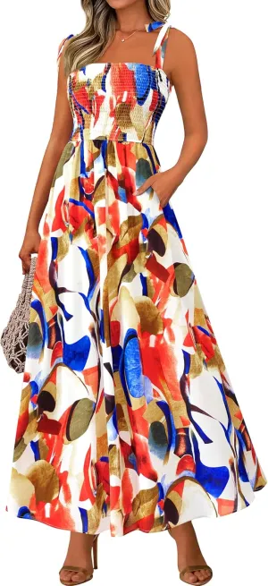 PRETTYGARDEN Womens Summer Dresses Floral Sleeveless Smocked Maxi Dress Boho Spaghetti Strap A Line Flowy Beach Long Sundress