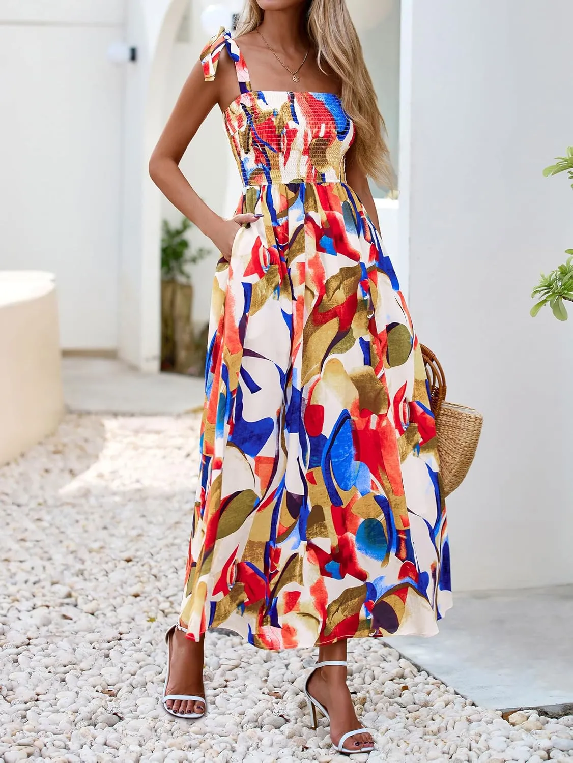 PRETTYGARDEN Womens Summer Dresses Floral Sleeveless Smocked Maxi Dress Boho Spaghetti Strap A Line Flowy Beach Long Sundress