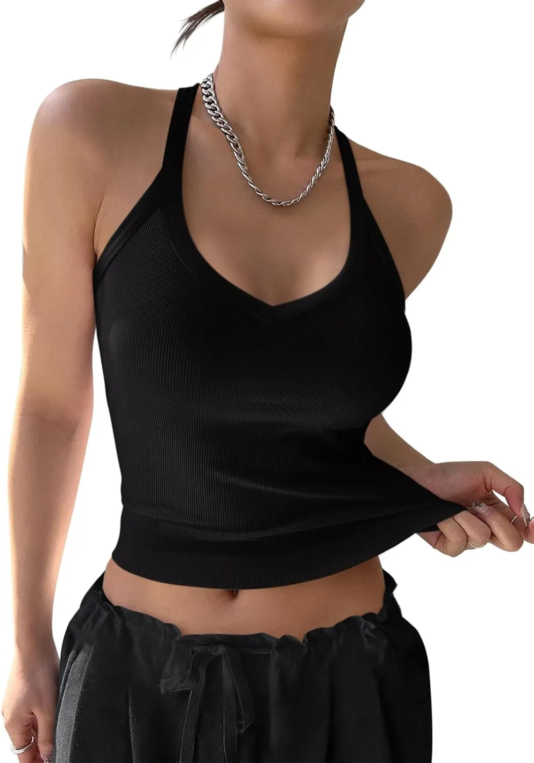 REORIA Womens Workout Tank Tops V Neck Racerback Going Out Crop 2025 Trendy Top Summer Sleeveless Ribbed Camisole