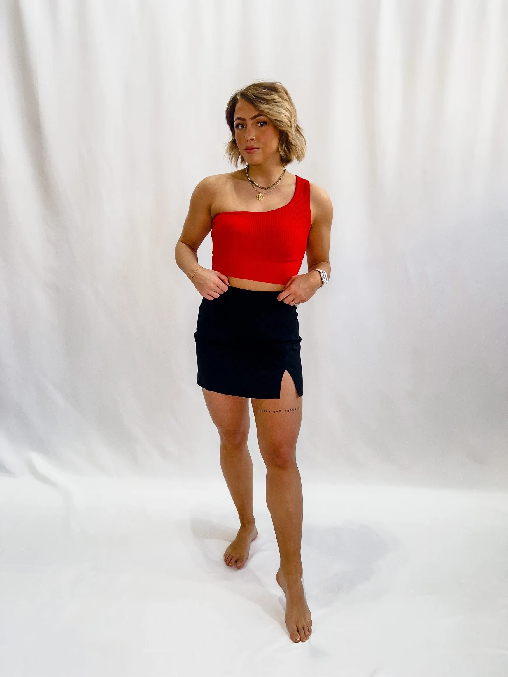 Roan One Shoulder Ribbed Crop Top, Red