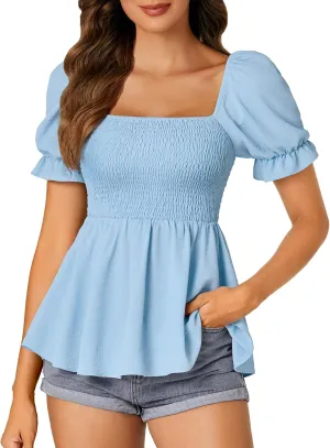 Rooscier Women's Square Neck Smocked Puff Sleeve Peplum Top Babydoll Shirred Blouse