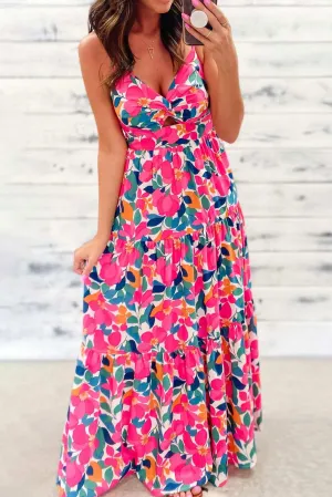 Rose Floral Twist V Neck Tiered Cami Maxi Dress - Elegant Style