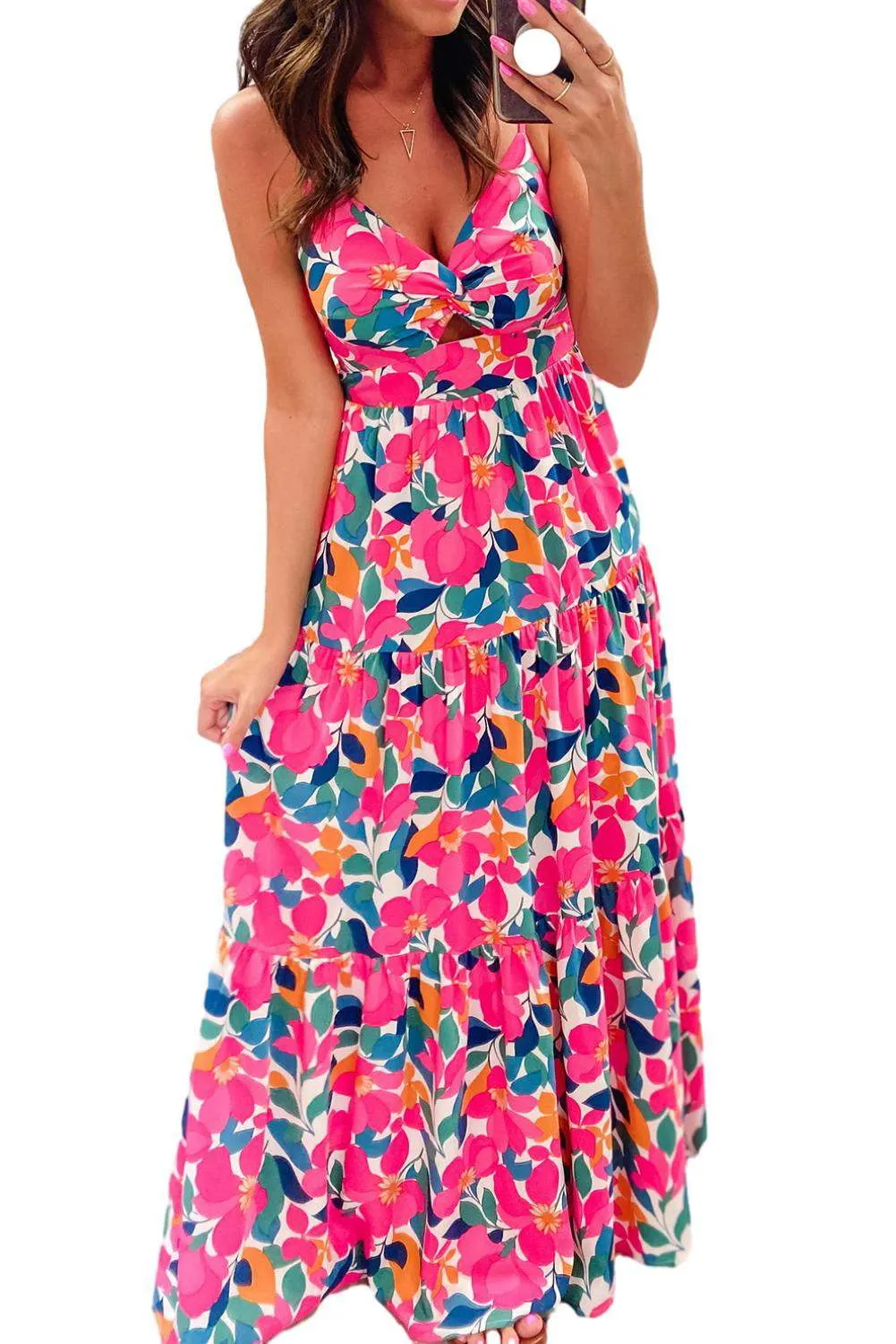 Rose Floral Twist V Neck Tiered Cami Maxi Dress - Elegant Style