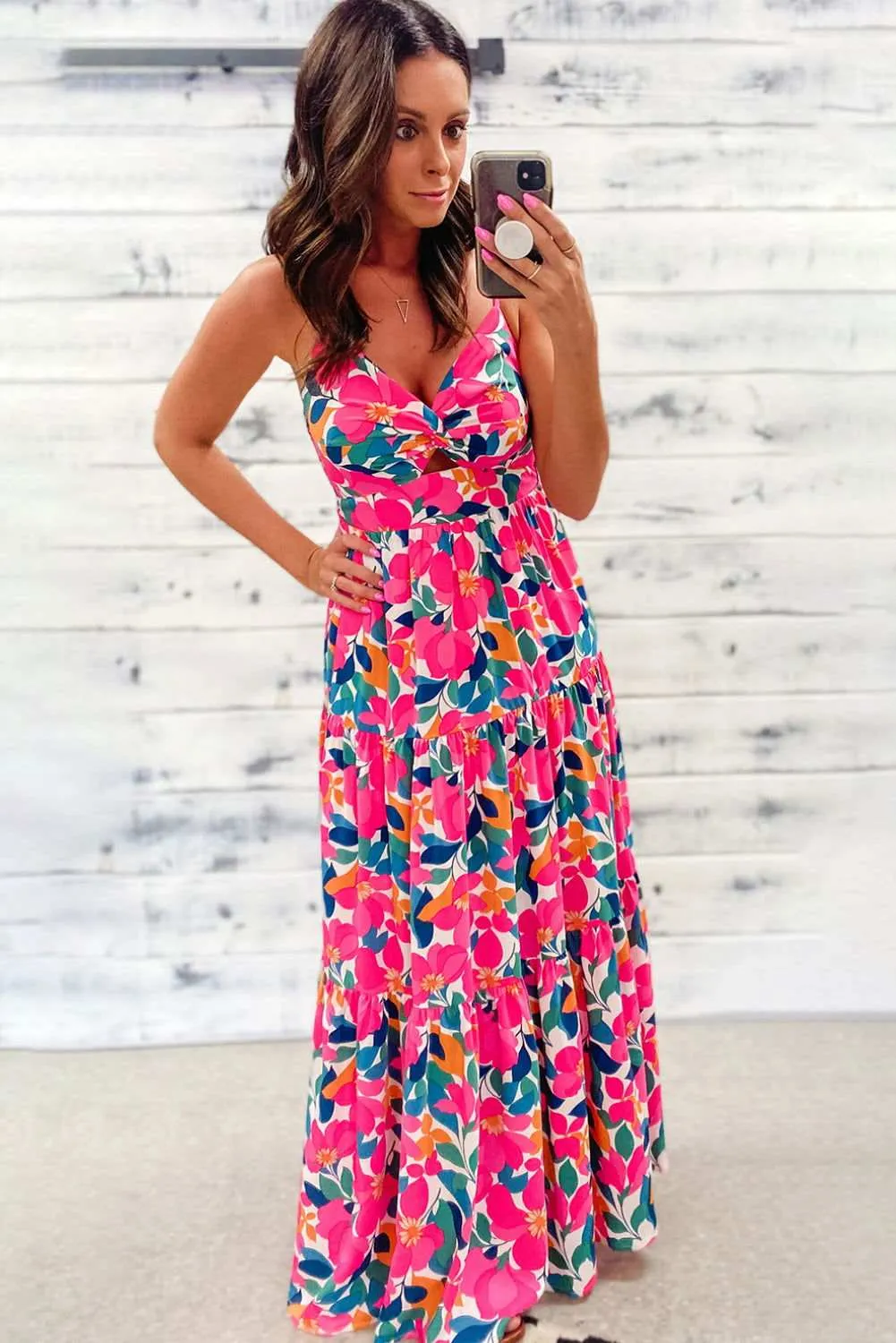 Rose Floral Twist V Neck Tiered Cami Maxi Dress - Elegant Style
