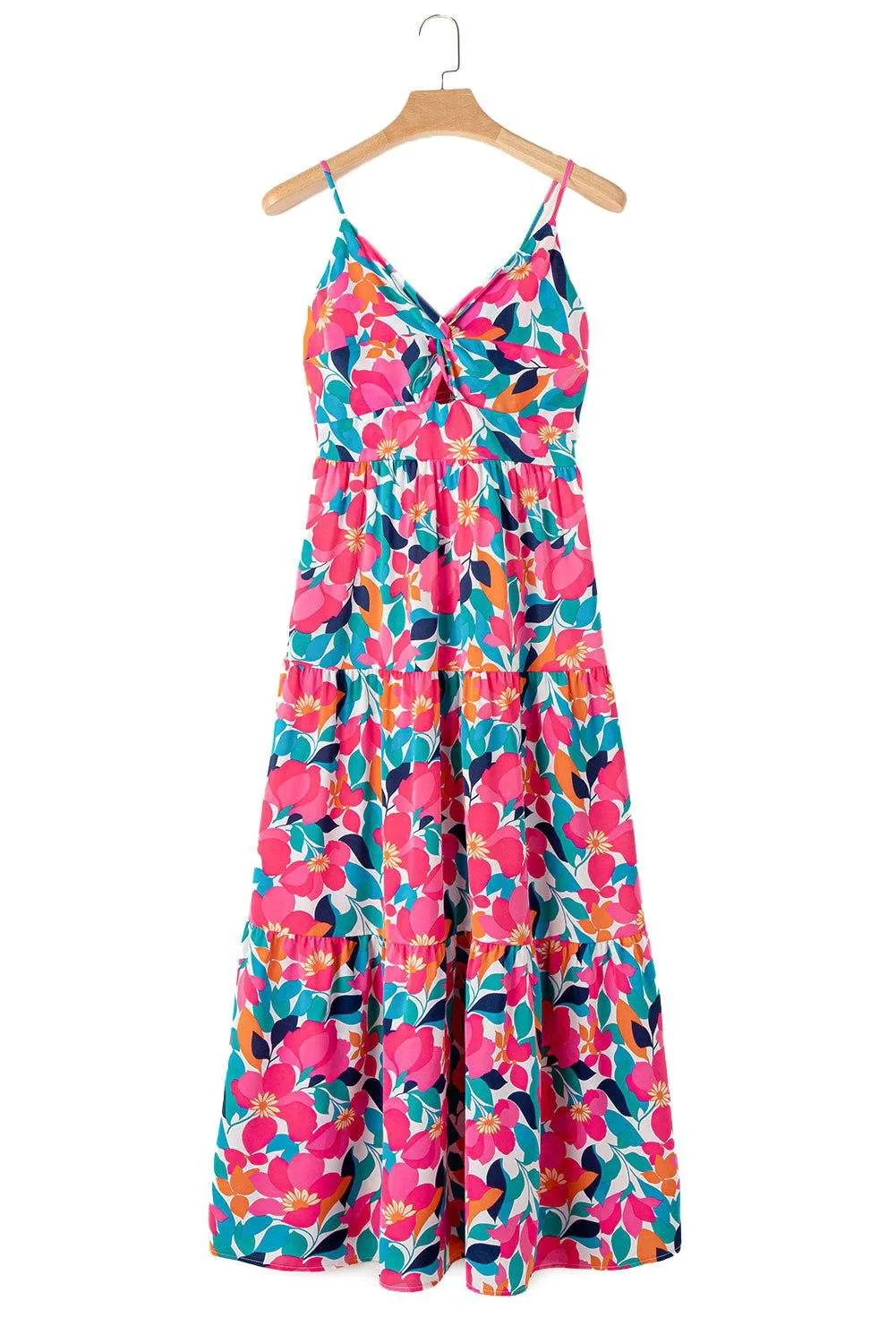 Rose Floral Twist V Neck Tiered Cami Maxi Dress - Elegant Style