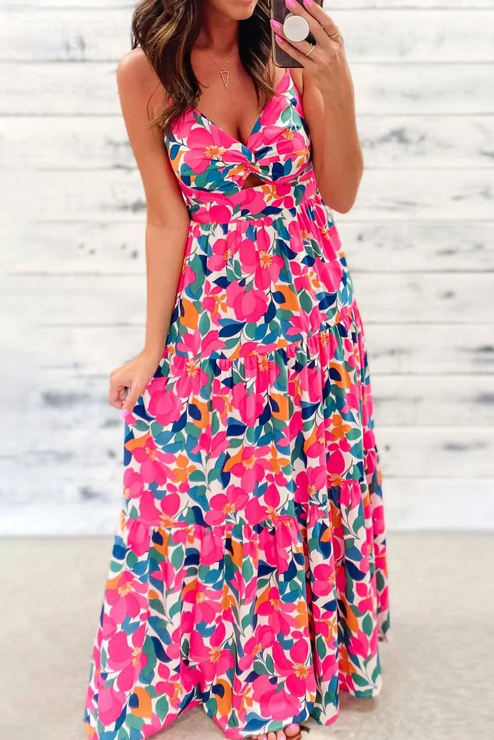 Rose Floral Twist V Neck Tiered Cami Maxi Dress - Elegant Style