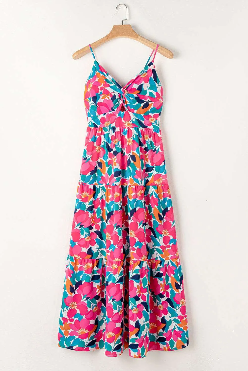 Rose Floral Twist V Neck Tiered Cami Maxi Dress - Elegant Style