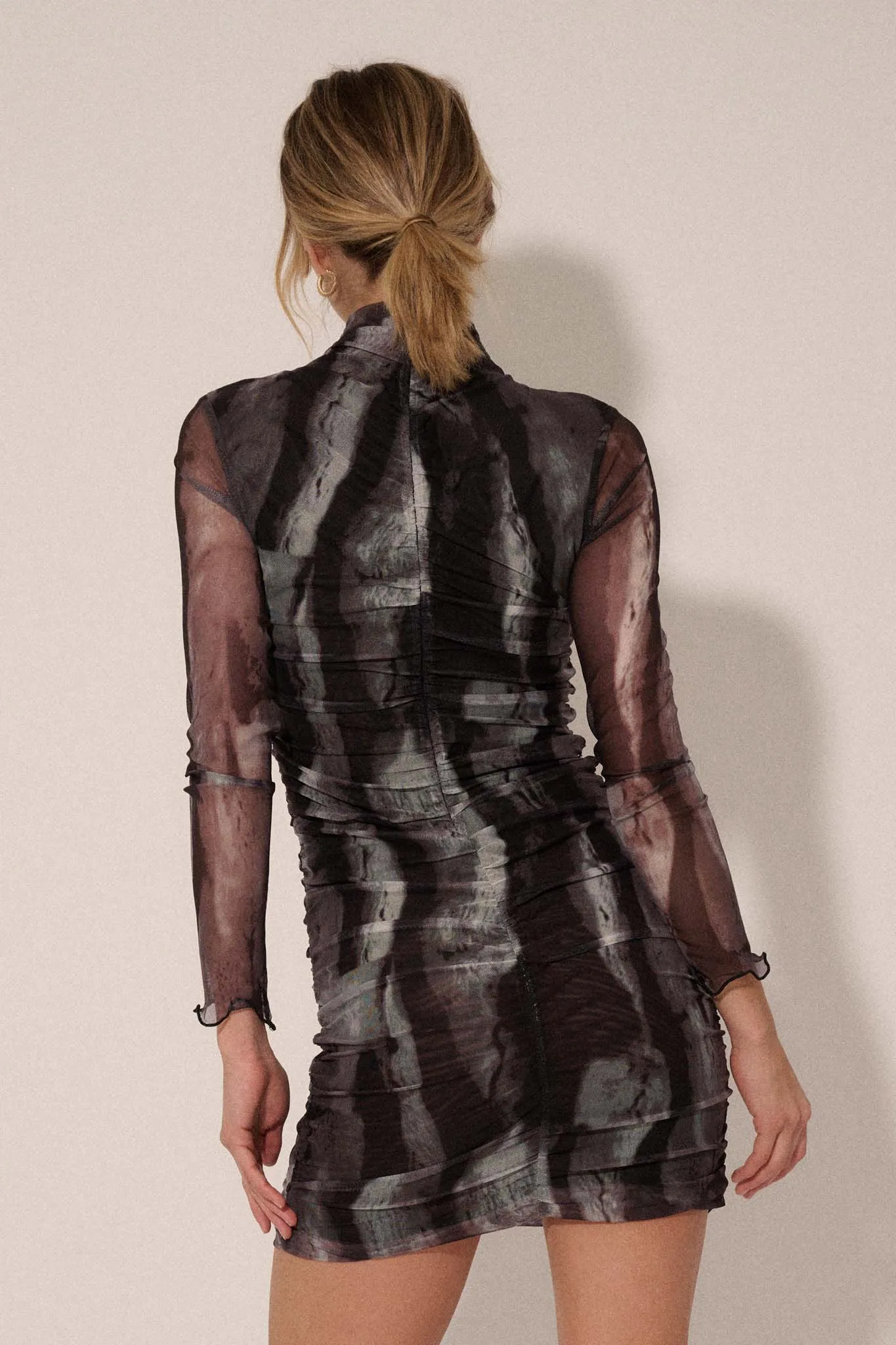 Shadows Dance Ruched Mesh Mock Neck Mini Dress