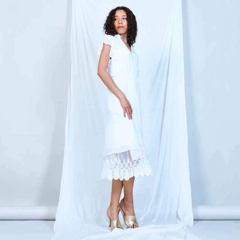 Silk chiffon ruffle sleeve dress with lace hem wholesale