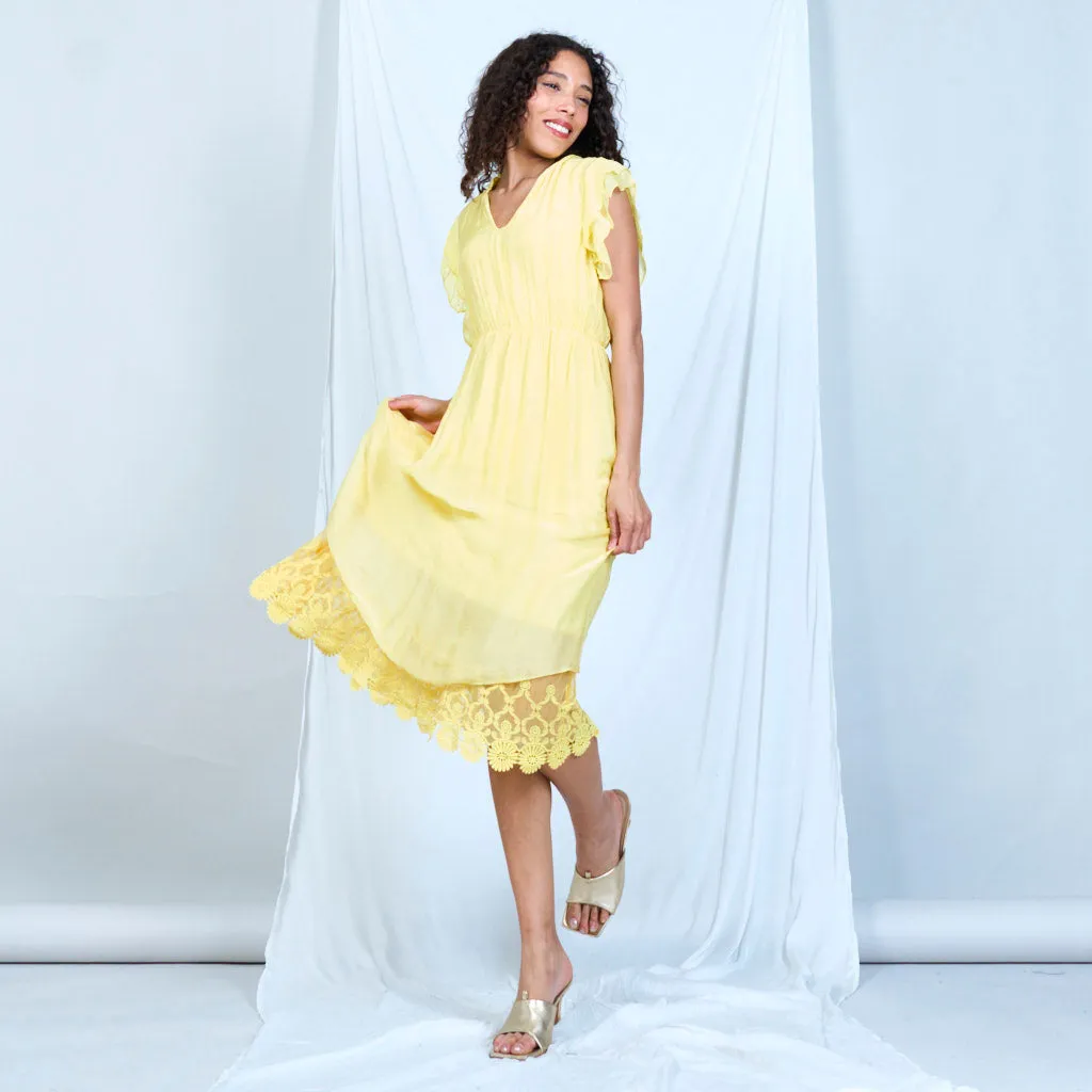 Silk chiffon ruffle sleeve dress with lace hem wholesale