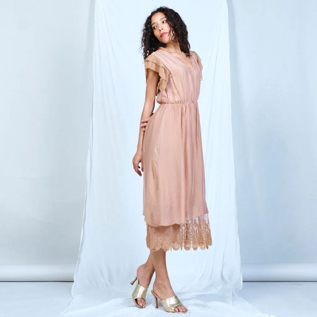 Silk chiffon ruffle sleeve dress with lace hem wholesale