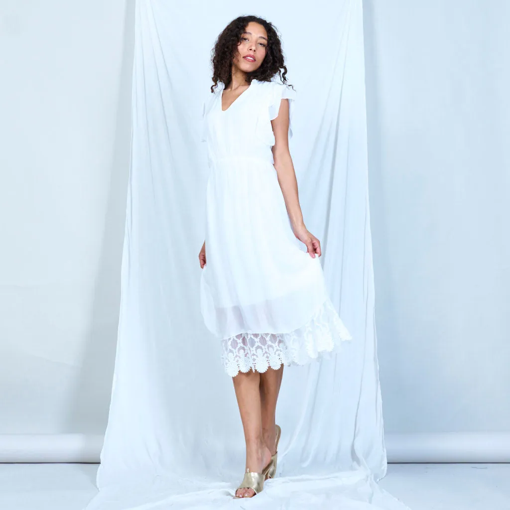 Silk chiffon ruffle sleeve dress with lace hem wholesale