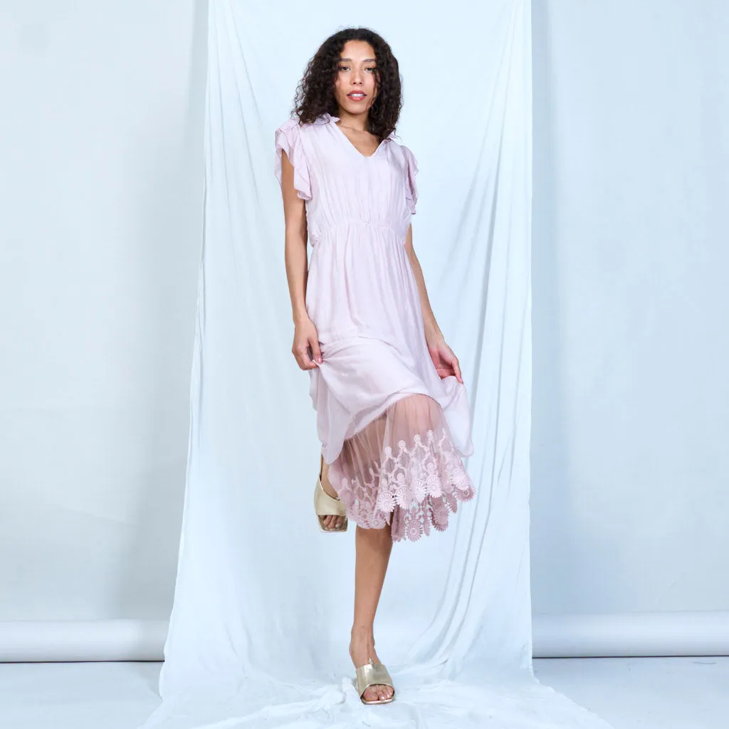 Silk chiffon ruffle sleeve dress with lace hem wholesale