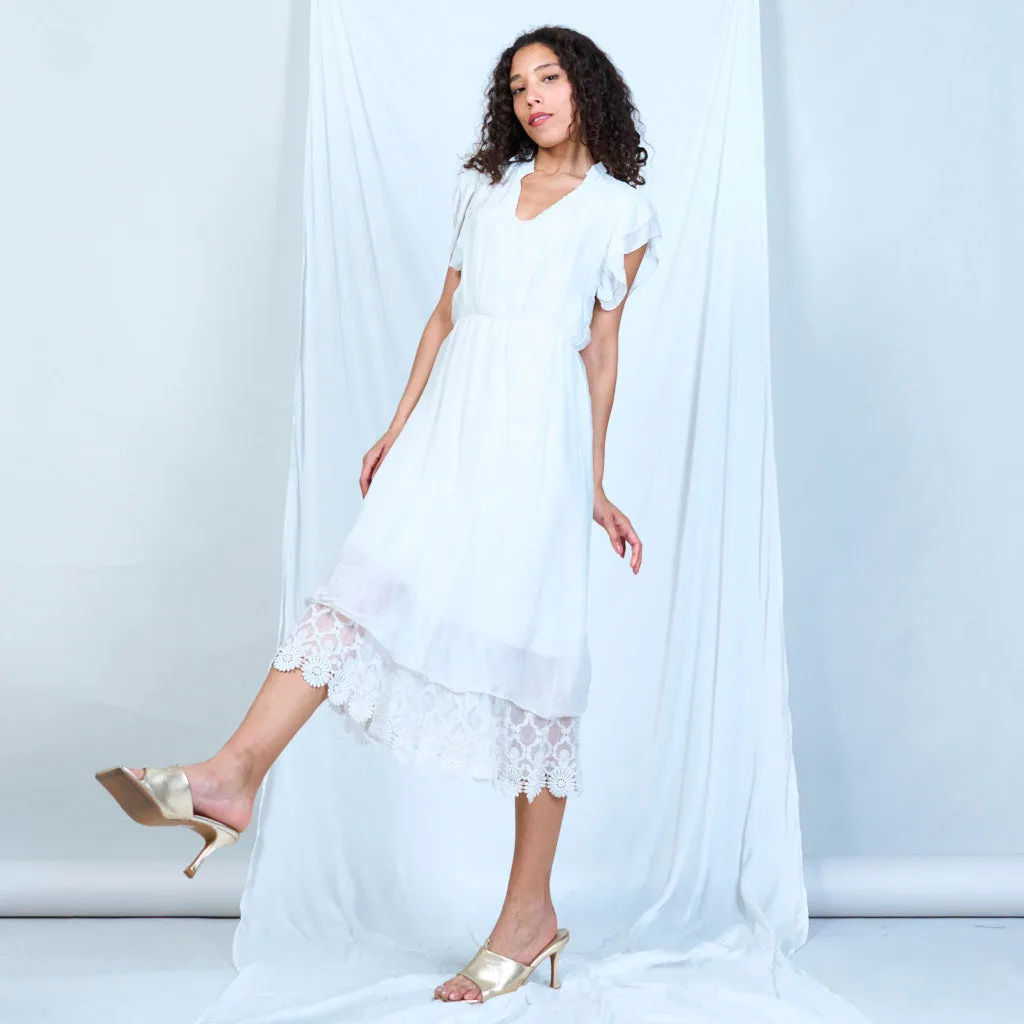 Silk chiffon ruffle sleeve dress with lace hem wholesale