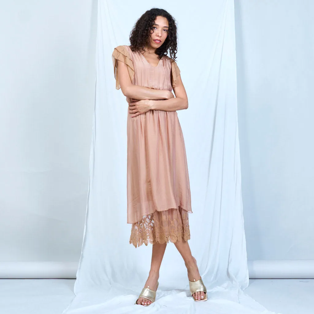 Silk chiffon ruffle sleeve dress with lace hem wholesale