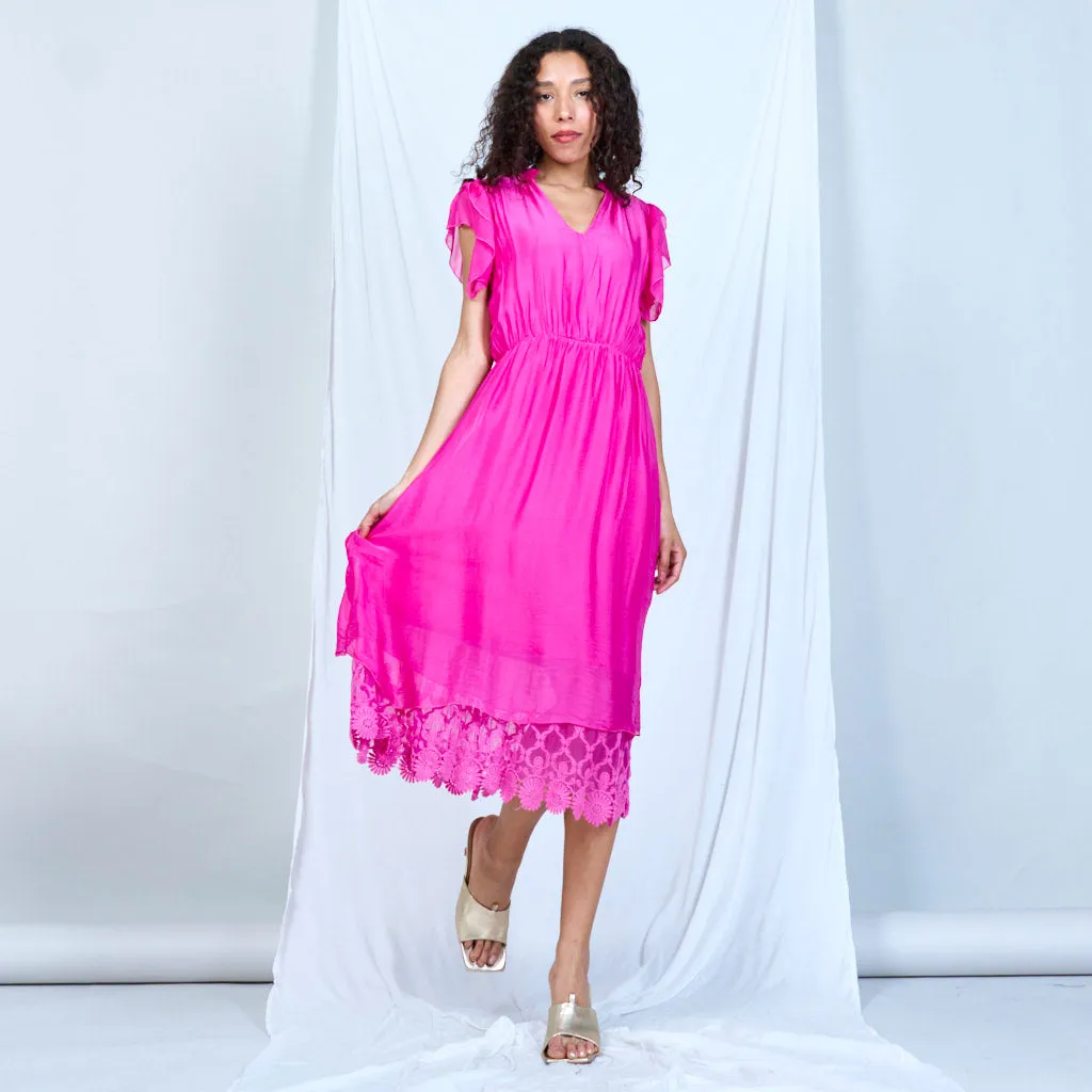 Silk chiffon ruffle sleeve dress with lace hem wholesale