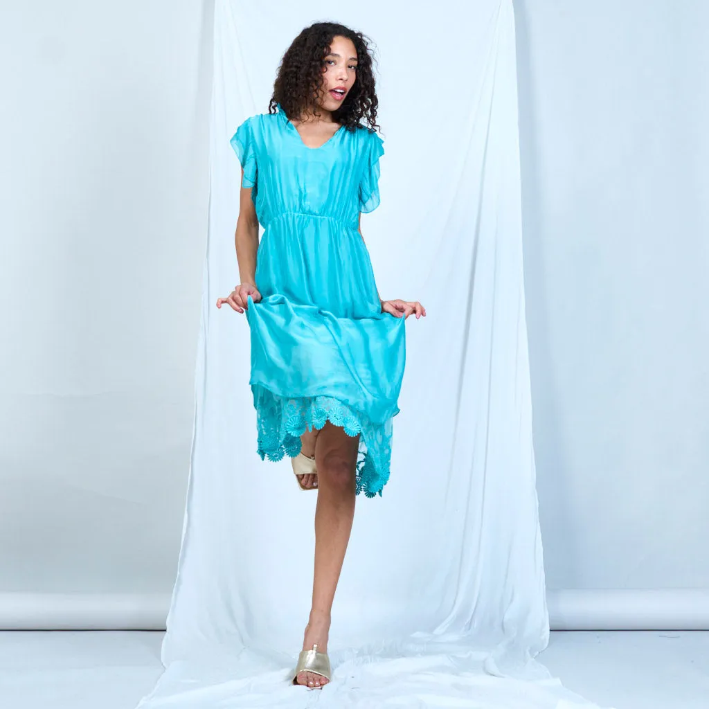 Silk chiffon ruffle sleeve dress with lace hem wholesale