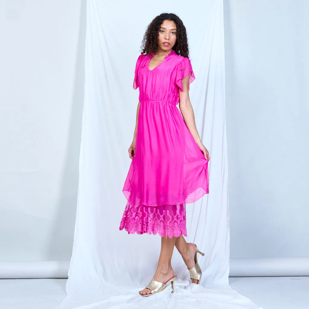 Silk chiffon ruffle sleeve dress with lace hem wholesale