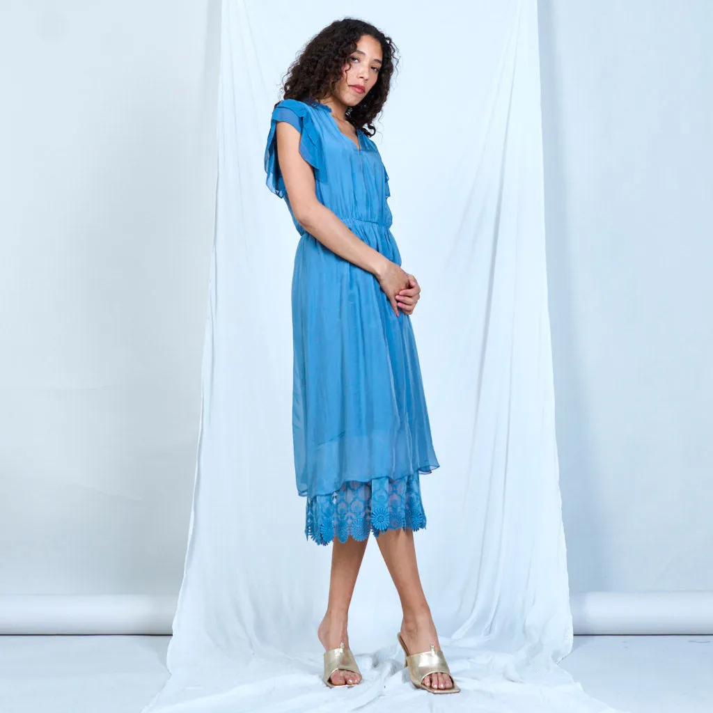 Silk chiffon ruffle sleeve dress with lace hem wholesale
