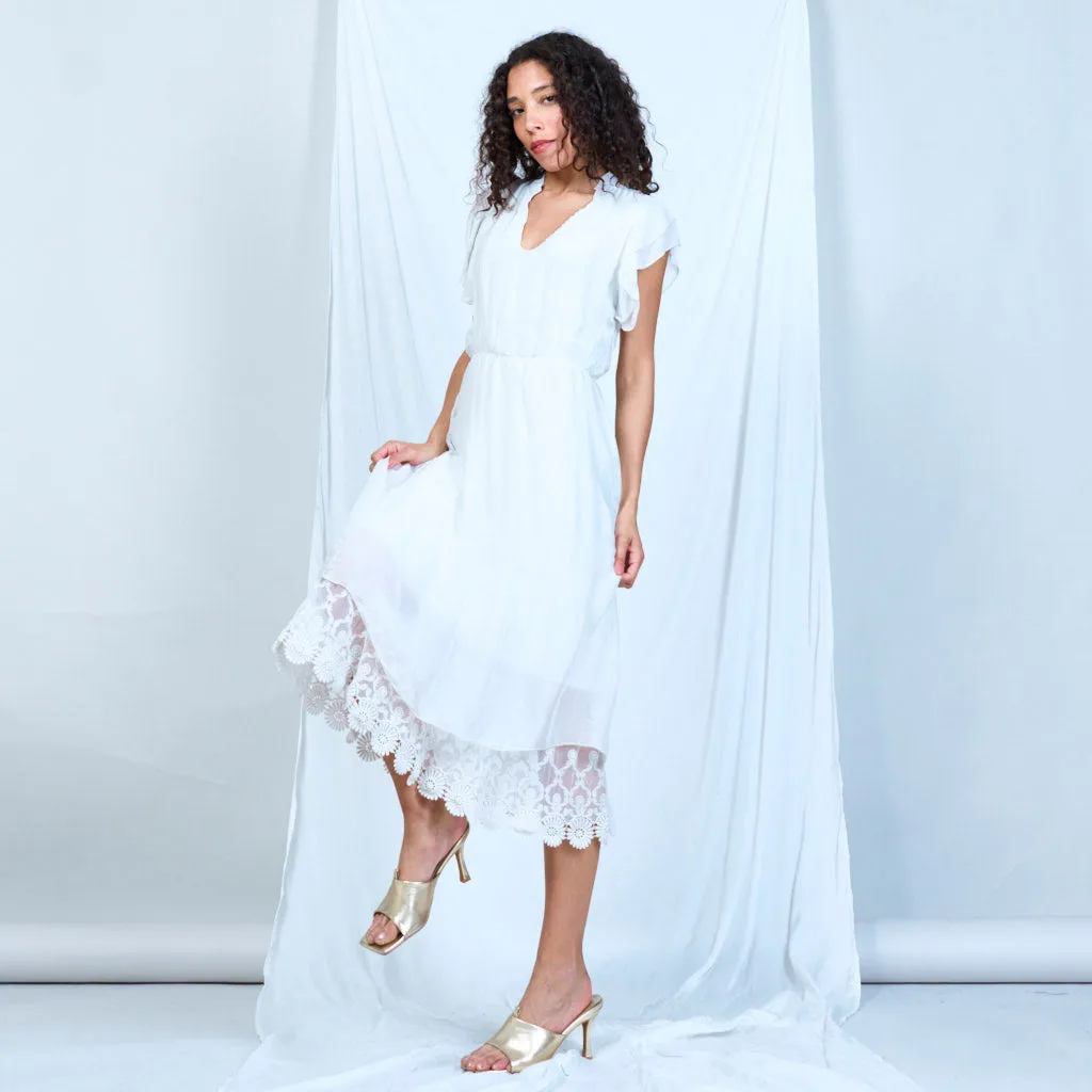 Silk chiffon ruffle sleeve dress with lace hem wholesale