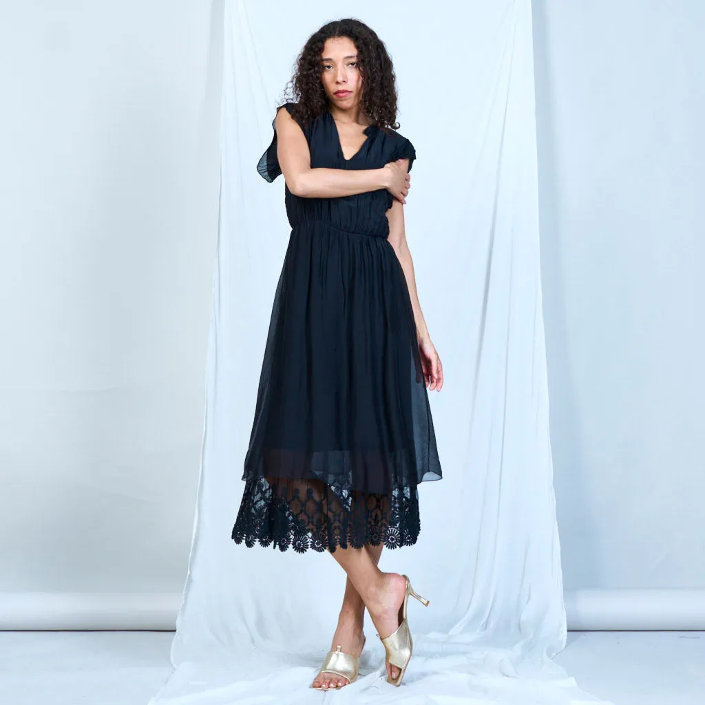 Silk chiffon ruffle sleeve dress with lace hem wholesale