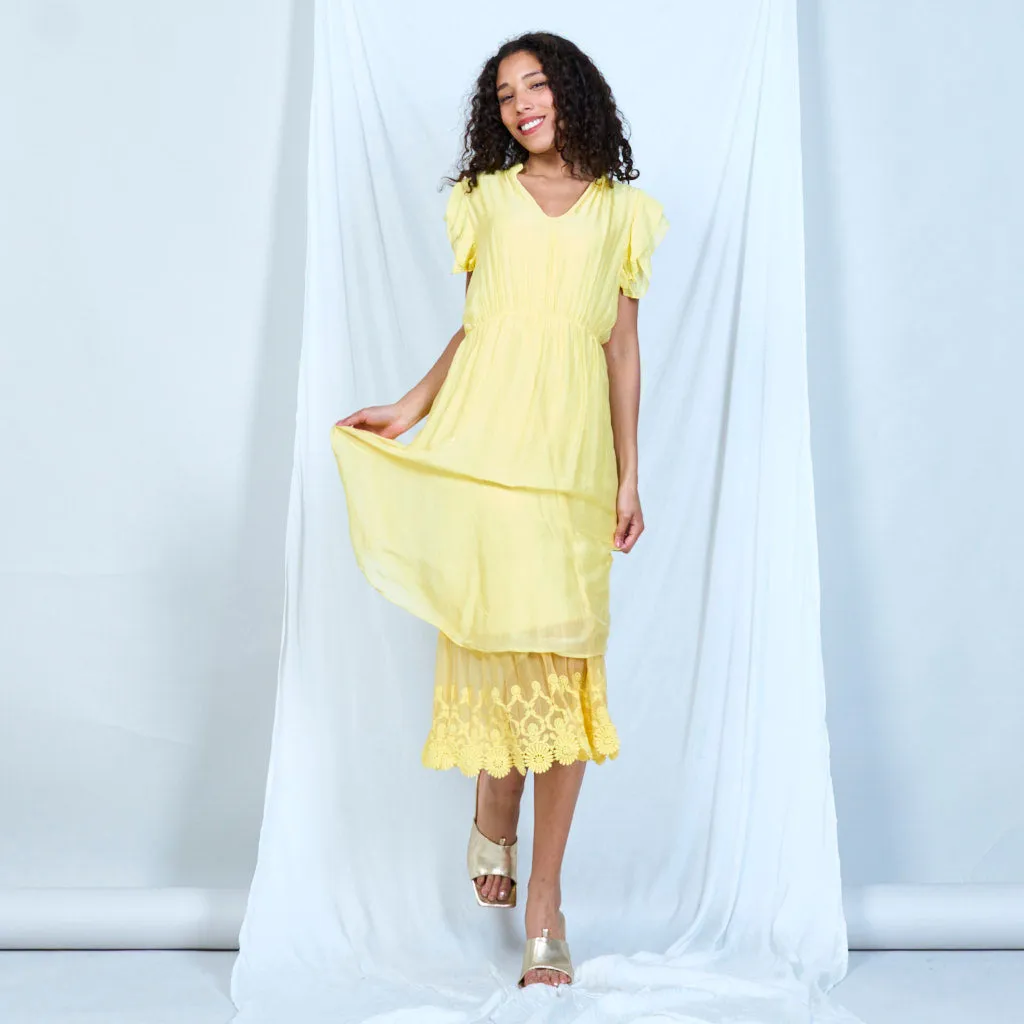 Silk chiffon ruffle sleeve dress with lace hem wholesale