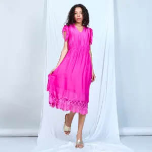 Silk chiffon ruffle sleeve dress with lace hem wholesale