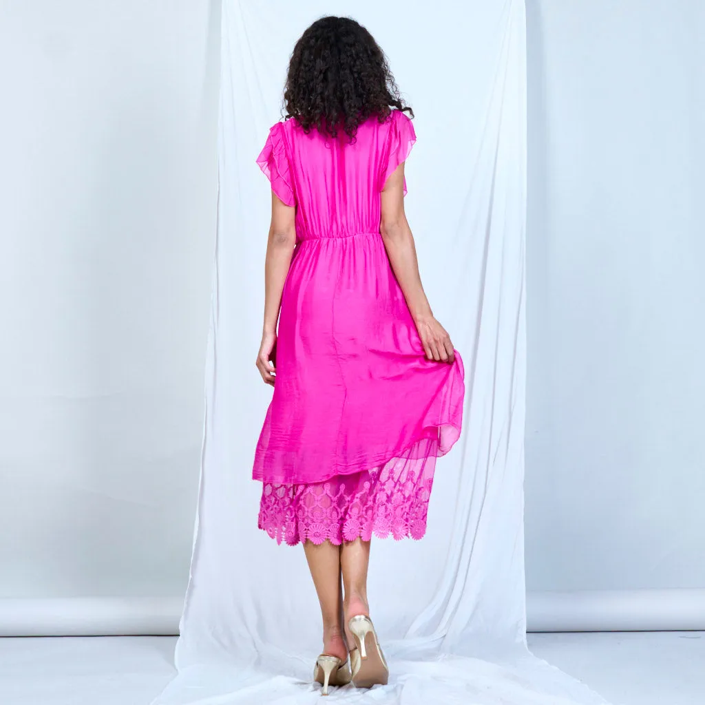 Silk chiffon ruffle sleeve dress with lace hem wholesale