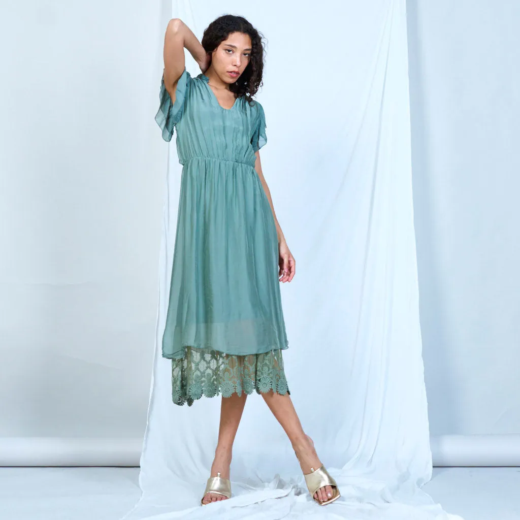 Silk chiffon ruffle sleeve dress with lace hem wholesale