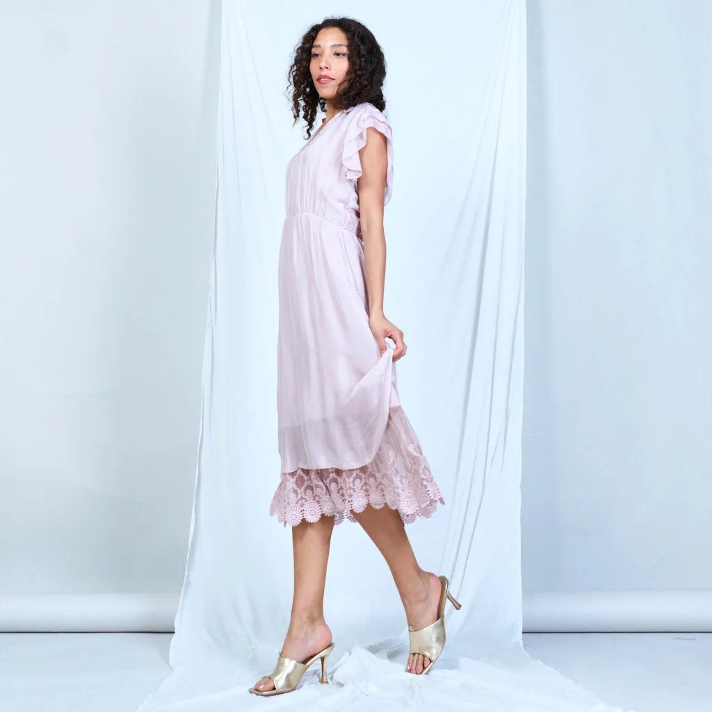 Silk chiffon ruffle sleeve dress with lace hem wholesale