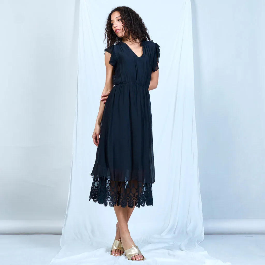 Silk chiffon ruffle sleeve dress with lace hem wholesale