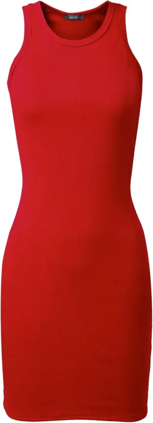 SSOULM Women's Ribbed Scoop Neck Sleeveless Tank Fitted Bodycon Short Dresses