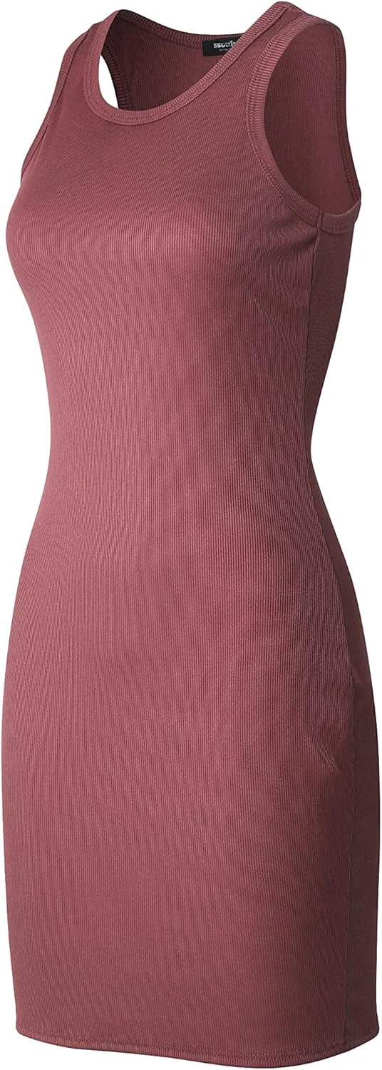 SSOULM Women's Ribbed Scoop Neck Sleeveless Tank Fitted Bodycon Short Dresses
