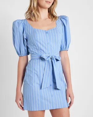 Striped Puff Sleeve Tie Waist Mini Dress in Navy Stripe