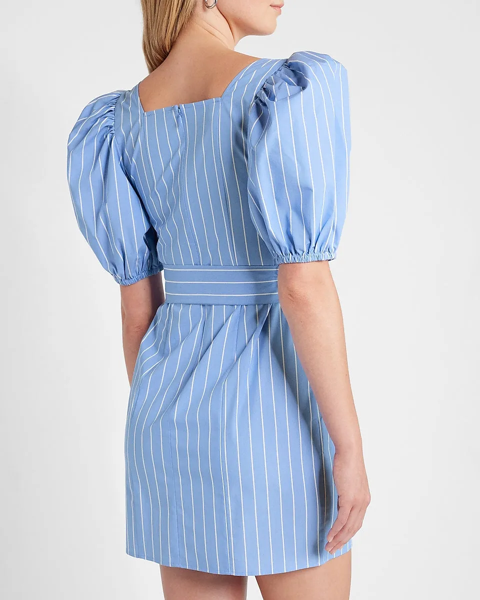 Striped Puff Sleeve Tie Waist Mini Dress in Navy Stripe